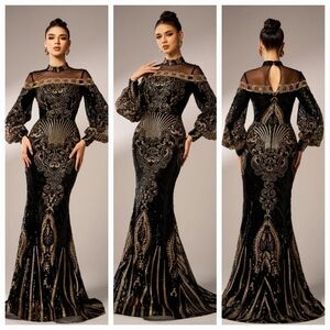 Black Embellished Backless Gown with Bishop Sleeves